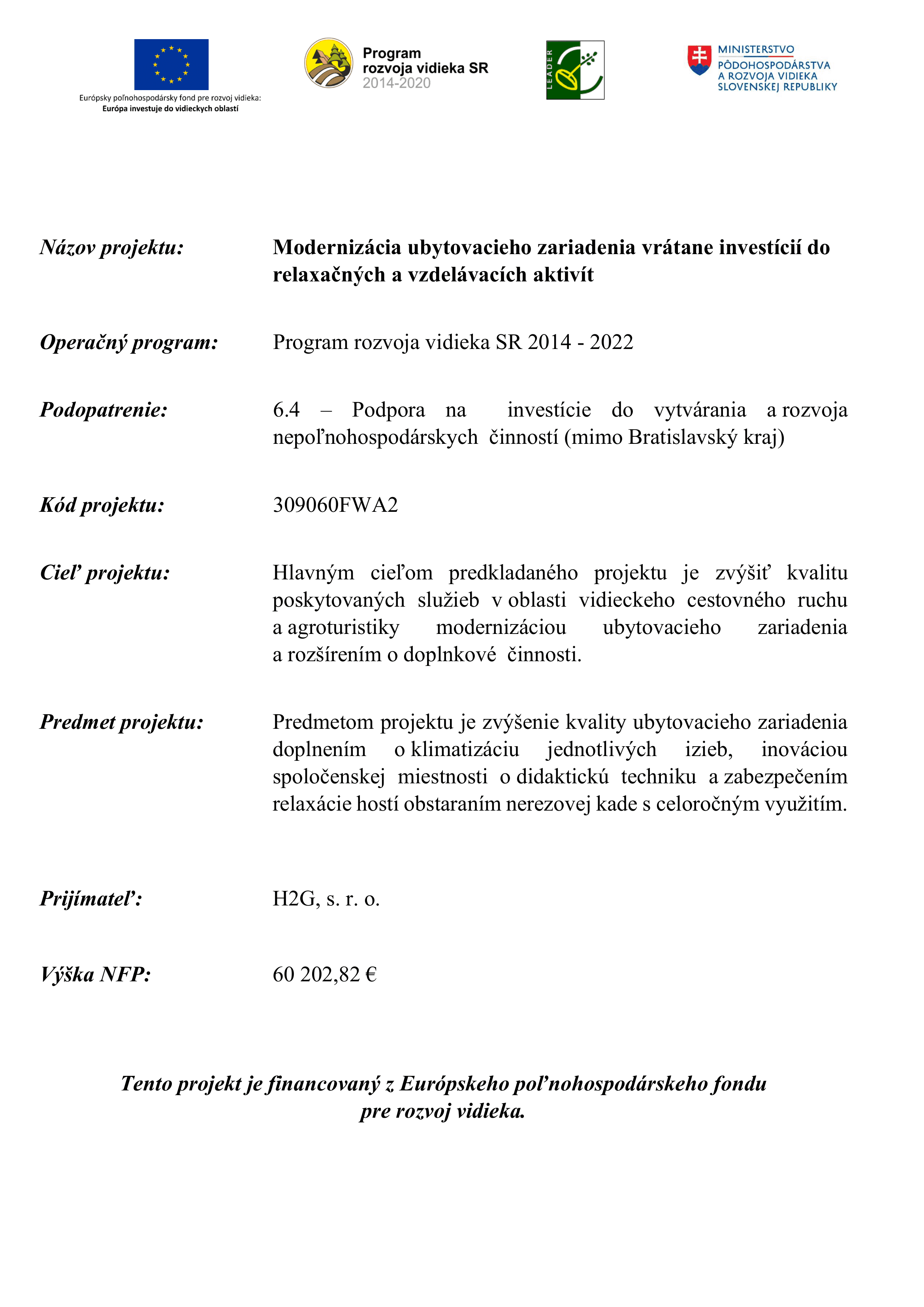 Project information sheet bearing the EU, Rural Development Programme, LEADER and Ministry of Agriculture and Rural Development logos