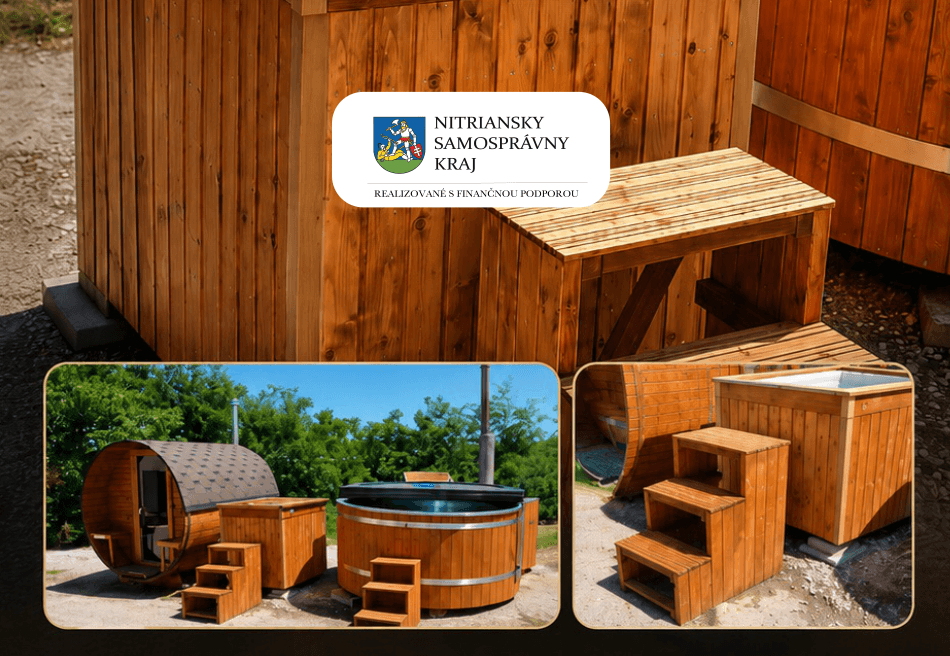 The new relaxation facilities — sauna, heated tub and cold plunge tub — marked "realised with the financial support of the Nitra Self-Governing Region"